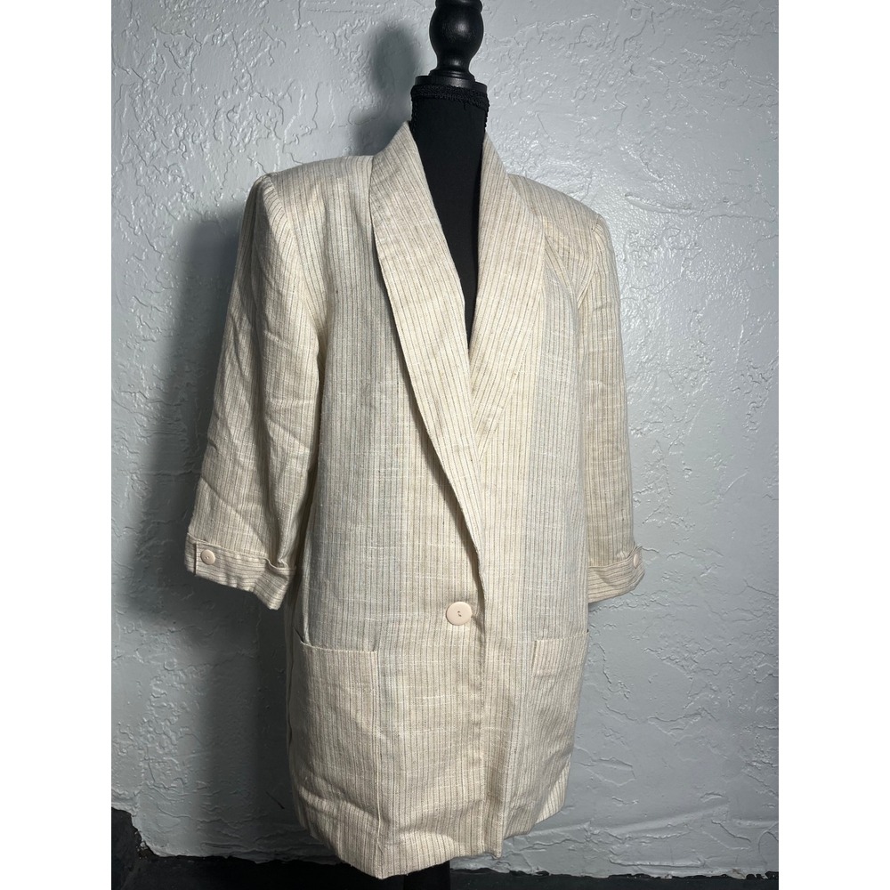 Mitchell Mitchell Size 12 Linen Blend Striped Longline Blazer Jacket Cream